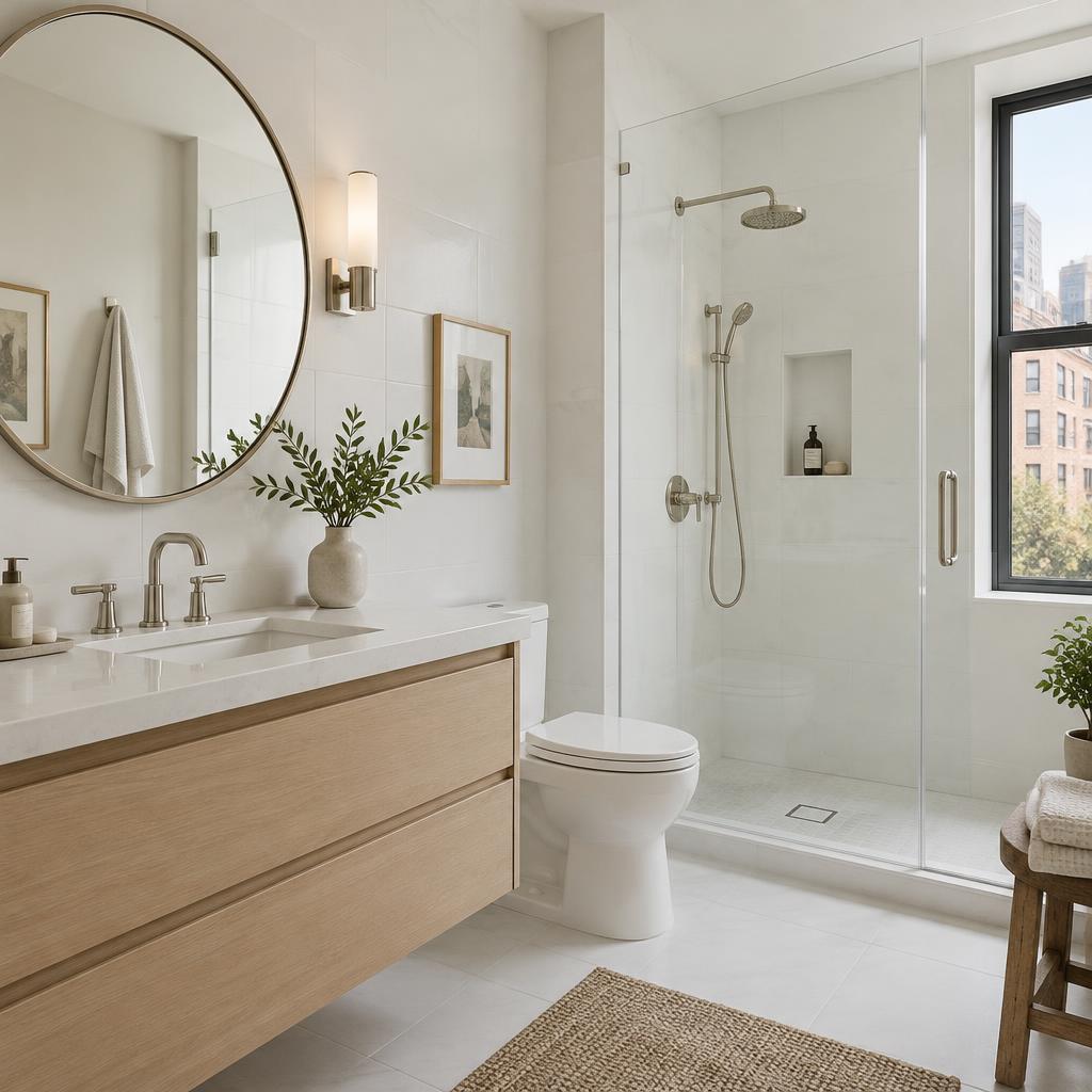 Bathroom design inspiration with an oak vanity and glass walk-in shower