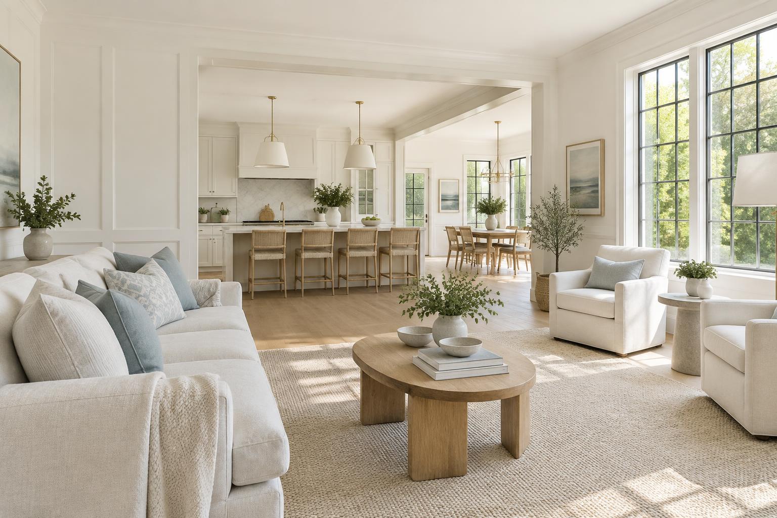 Bright renovated living room with oak floors and an open kitchen